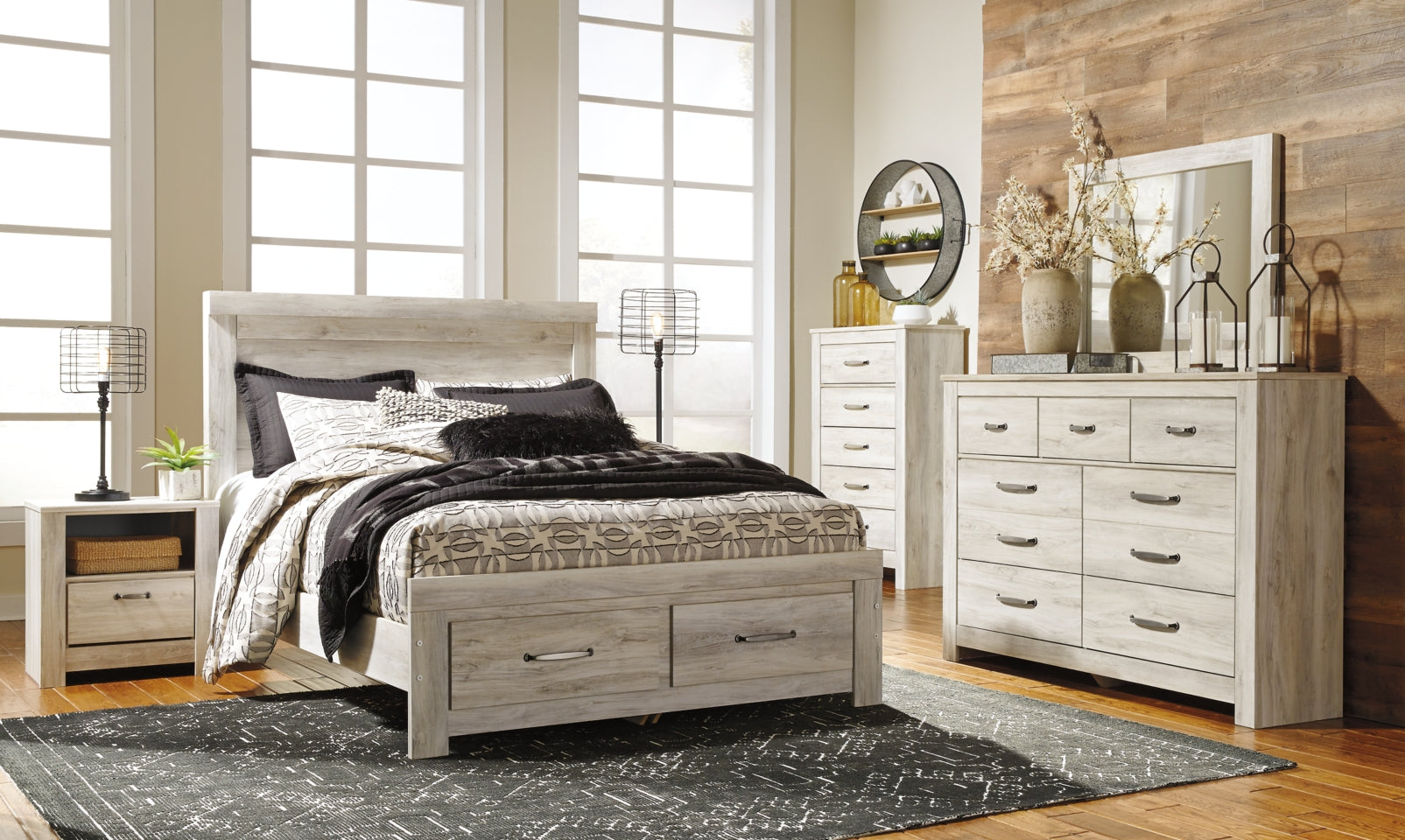 Bellaby Queen Platform Bed with 2 Storage Drawers with Mirrored Dresser, Chest and Nightstand - furniture place usa