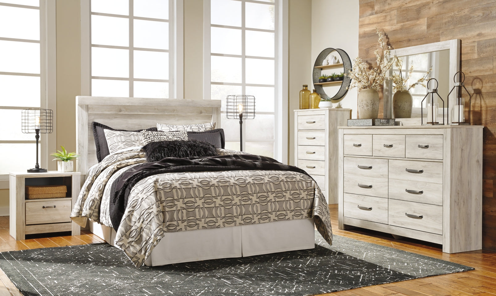 Bellaby Queen Panel Headboard Bed with Mirrored Dresser, Chest and 2 Nightstands - furniture place usa