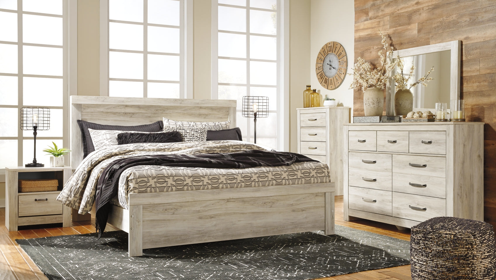 Bellaby Queen Panel Bed with Mirrored Dresser, Chest and 2 Nightstands - furniture place usa