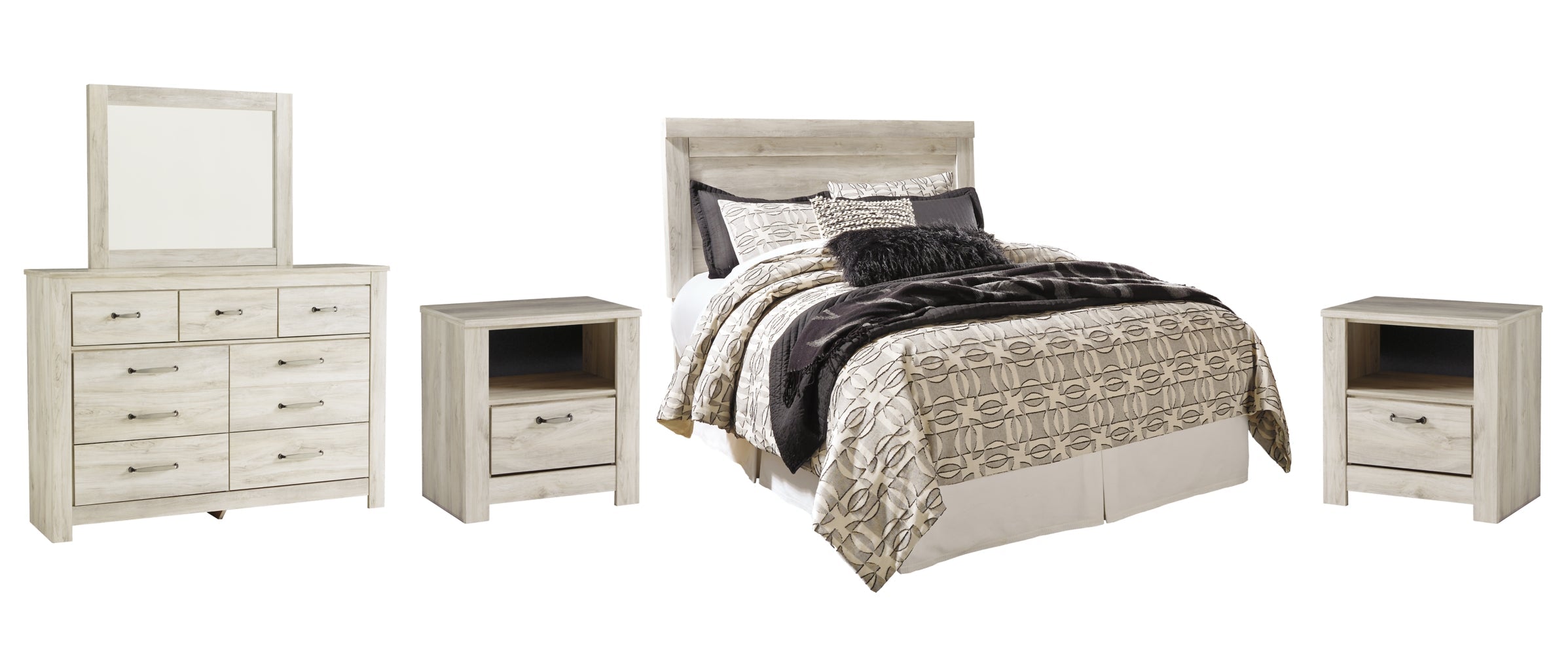 Bellaby Queen Panel Headboard Bed with Mirrored Dresser and 2 Nightstands - furniture place usa