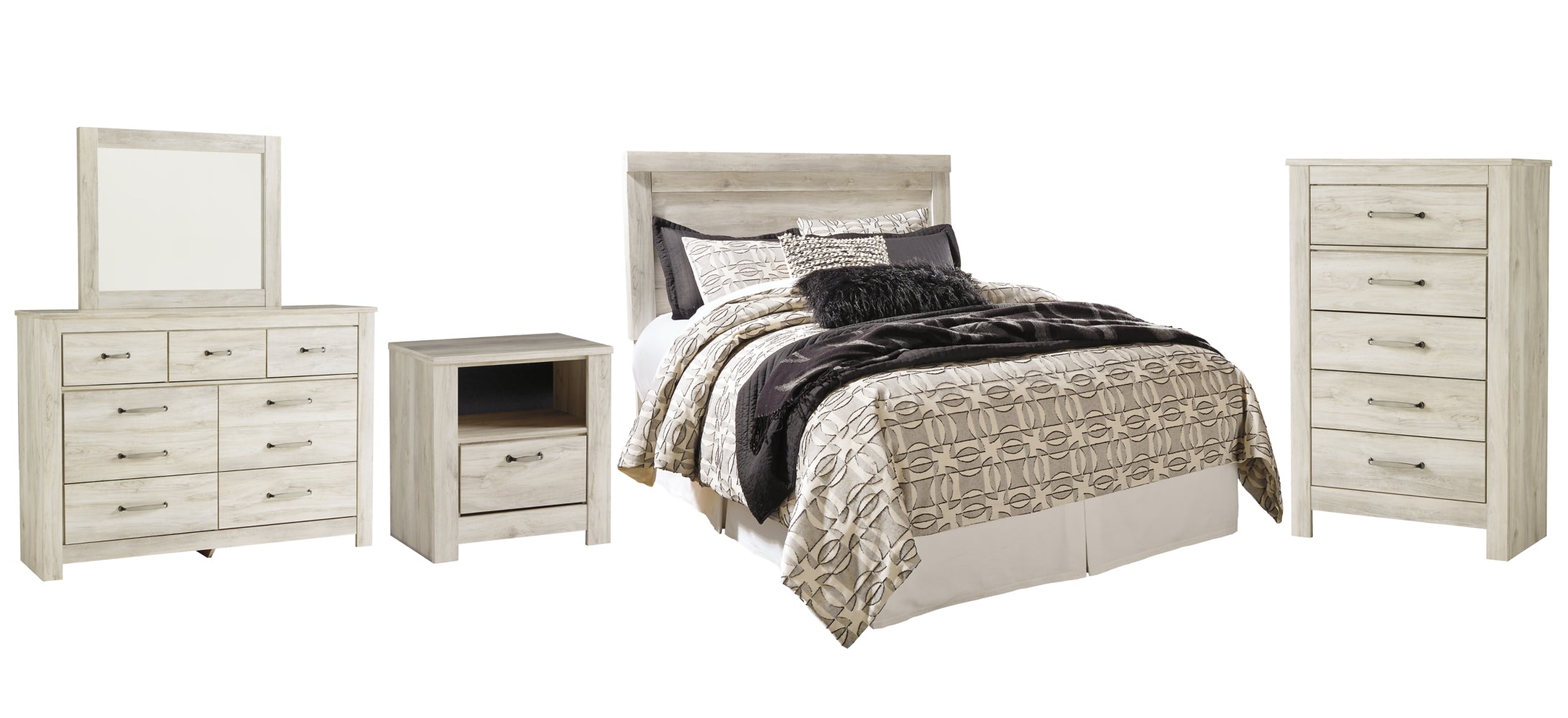 Bellaby Queen Panel Headboard Bed with Mirrored Dresser, Chest and Nightstand - furniture place usa