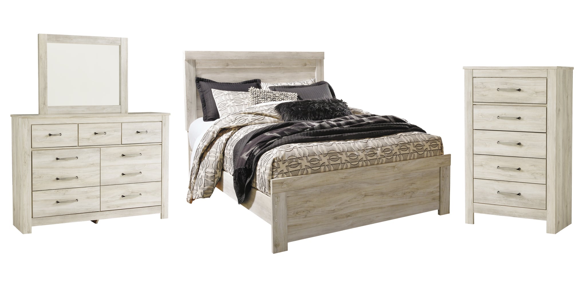Bellaby Queen Panel Bed with Mirrored Dresser and Chest - furniture place usa