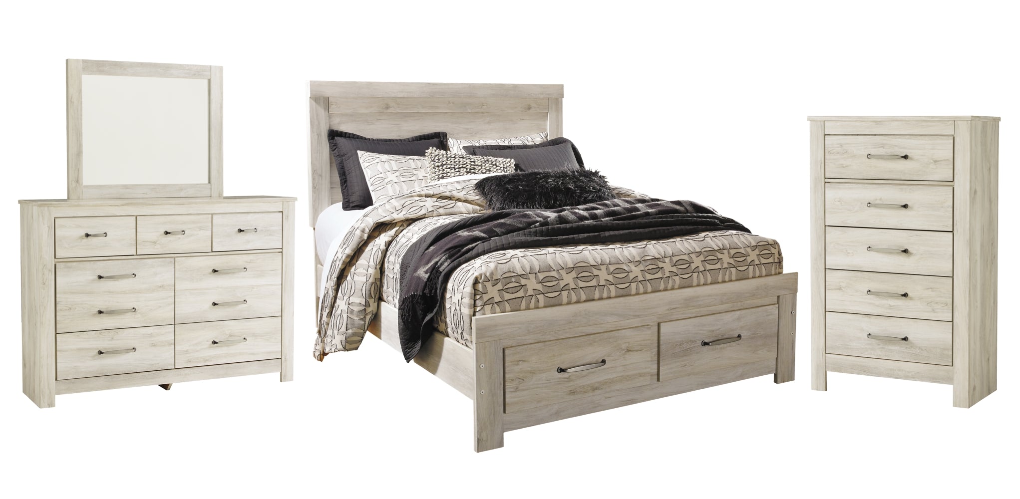 Bellaby Queen Platform Bed with 2 Storage Drawers with Mirrored Dresser and Chest - furniture place usa