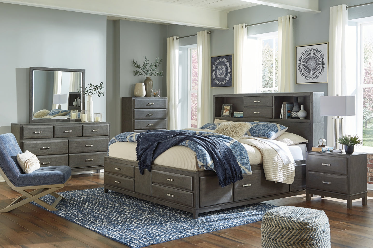 Caitbrook Queen Storage Bed with 8 Storage Drawers with Mirrored Dresser - furniture place usa