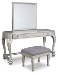 Coralayne Queen Upholstered Bed and Vanity with Mirror and Stool - furniture place usa