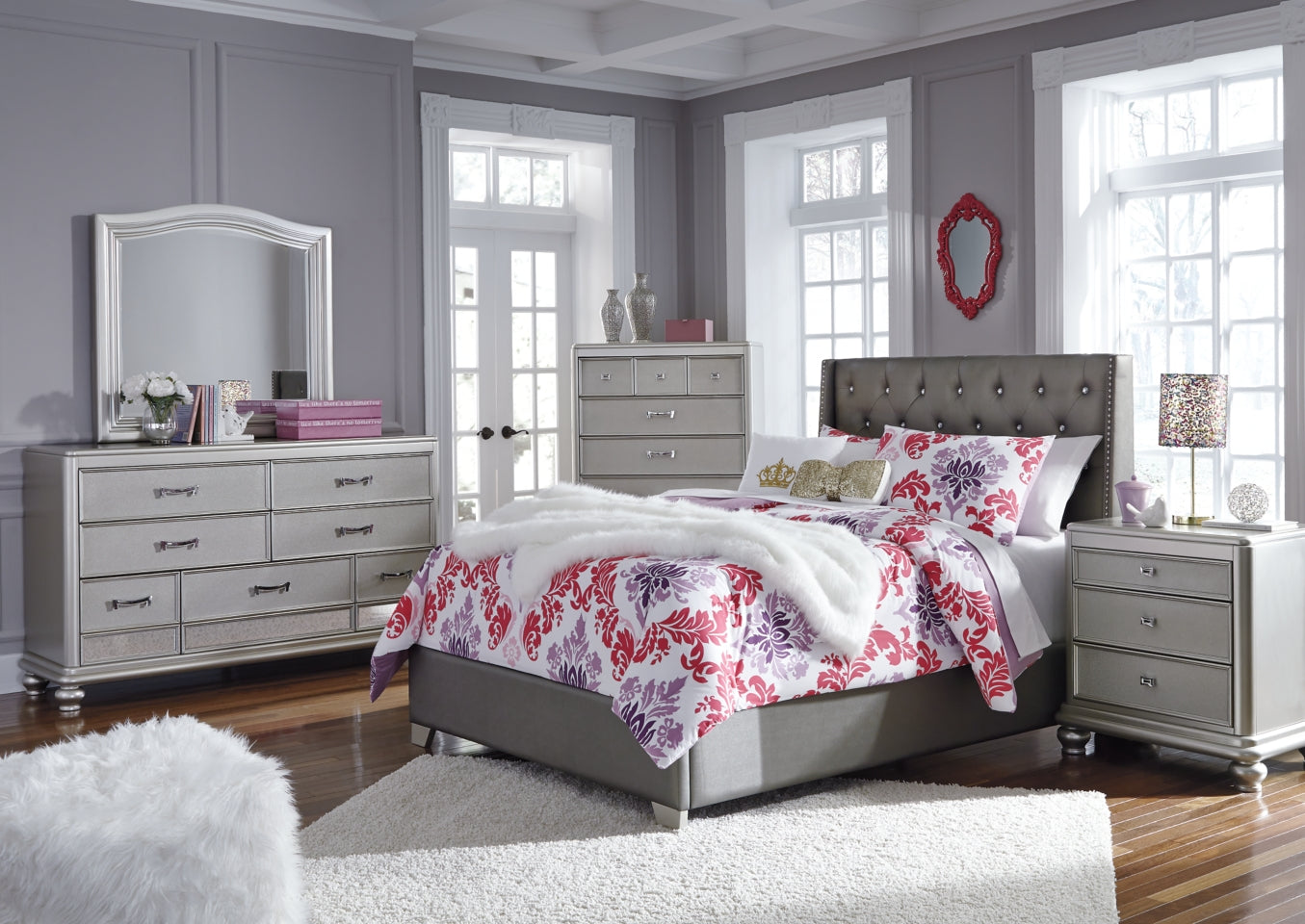 Coralayne Full Upholstered Bed with Mirrored Dresser, Chest and 2 Nightstands - PKG007810 - furniture place usa