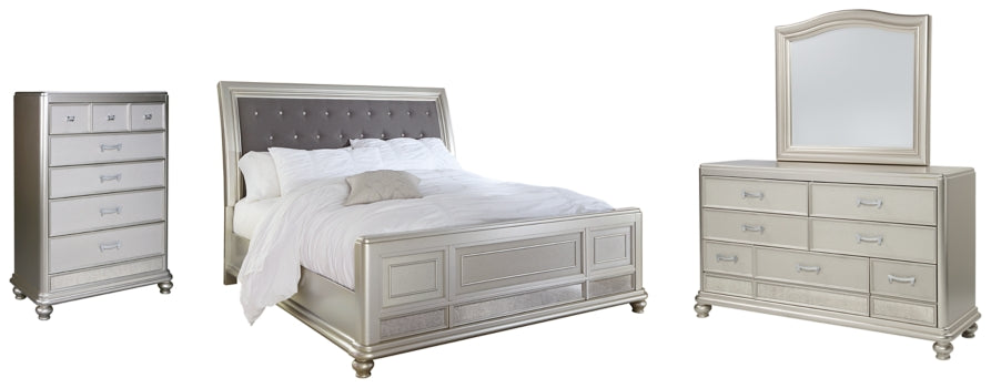 Coralayne California King Upholstered Sleigh Bed with Mirrored Dresser and Chest - PKG007861 - furniture place usa