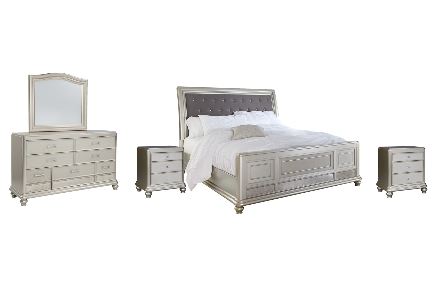 Coralayne King Upholstered Sleigh Bed with Mirrored Dresser and 2 Nightstands - PKG007849 - furniture place usa