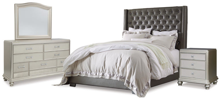Coralayne King Upholstered Bed with Mirrored Dresser and Nightstand - furniture place usa