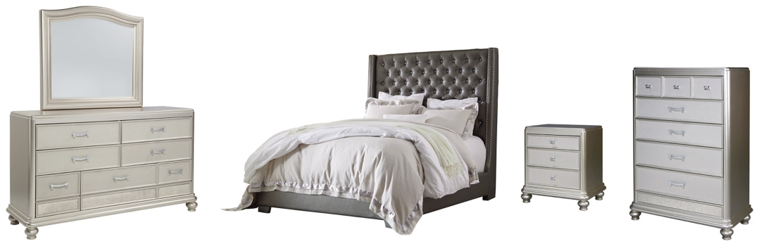 Coralayne Queen Upholstered Bed with Mirrored Dresser, Chest and Nightstand - PKG007775 - furniture place usa