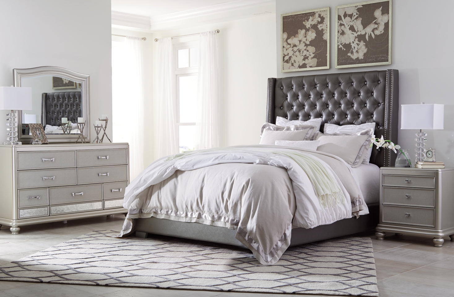 Coralayne King Upholstered Bed with Mirrored Dresser and 2 Nightstands - furniture place usa
