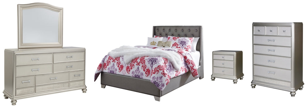 Coralayne Full Upholstered Bed with Mirrored Dresser, Chest and Nightstand - PKG007808 - furniture place usa
