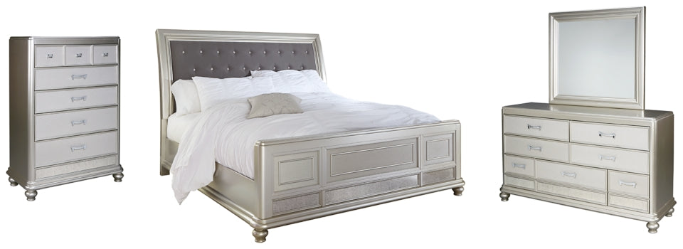Coralayne Queen Upholstered Sleigh Bed with Mirrored Dresser and Chest - PKG007813 - furniture place usa