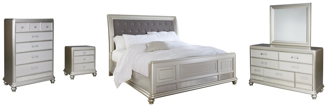 Coralayne California King Upholstered Sleigh Bed with Mirrored Dresser, Chest and Nightstand - PKG007857 - furniture place usa