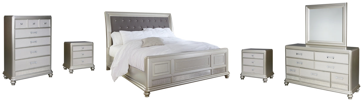 Coralayne King Upholstered Sleigh Bed with Mirrored Dresser, Chest and 2 Nightstands - PKG007847 - furniture place usa