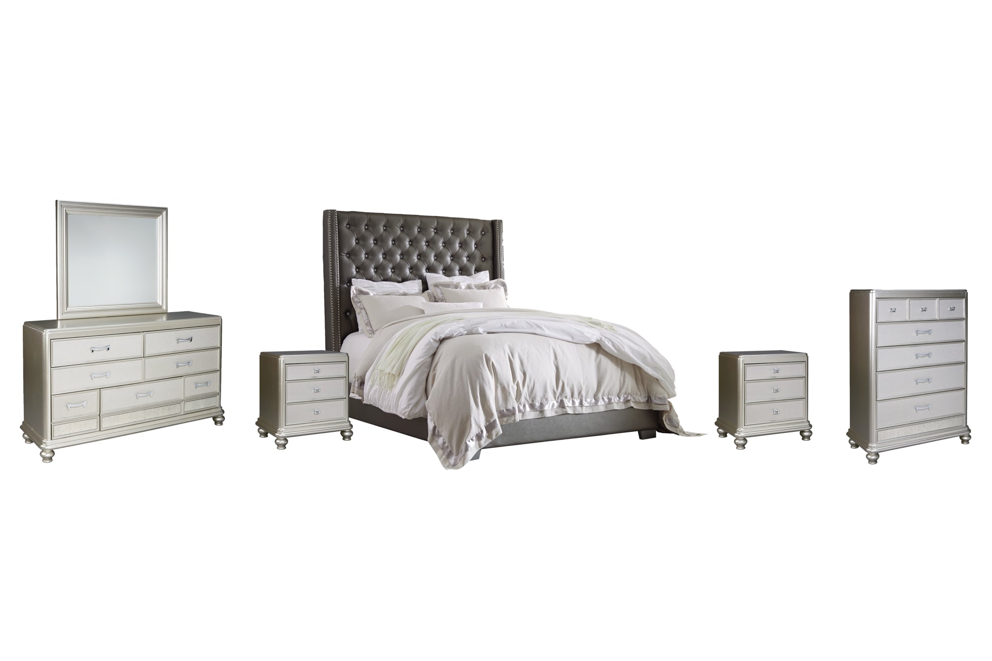 Coralayne Queen Upholstered Bed with Mirrored Dresser, Chest and 2 Nightstands - PKG007771 - furniture place usa