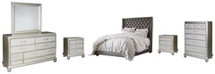 Coralayne California King Upholstered Bed with Mirrored Dresser, Chest and 2 Nightstands - PKG007826 - furniture place usa