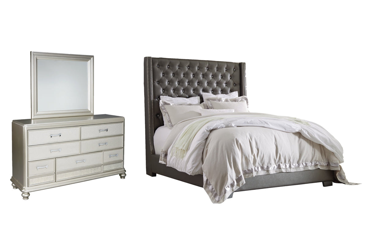 Coralayne California King Upholstered Bed with Mirrored Dresser - PKG007822 - furniture place usa