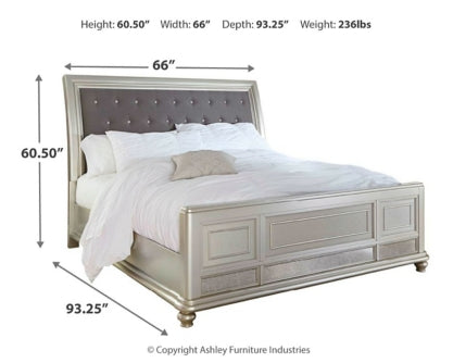 Coralayne Queen Upholstered Sleigh Bed with Mirrored Dresser, Chest and Nightstand - PKG007814 - furniture place usa