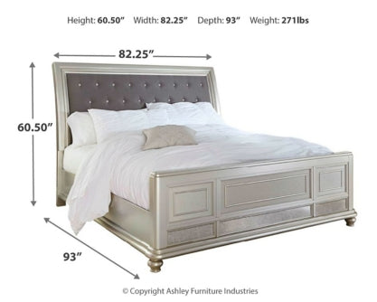 Coralayne King Upholstered Sleigh Bed with Mirrored Dresser, Chest and 2 Nightstands - PKG007852 - furniture place usa