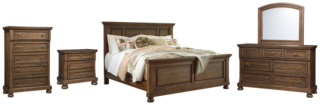 Flynnter Queen Panel Bed with Mirrored Dresser, Chest and Nightstand - furniture place usa