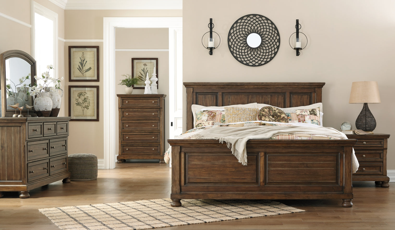 Flynnter Queen Panel Bed with Mirrored Dresser, Chest and Nightstand - furniture place usa