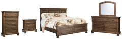 Flynnter King Panel Bed with 2 Storage Drawers with Mirrored Dresser, Chest and Nightstand - furniture place usa