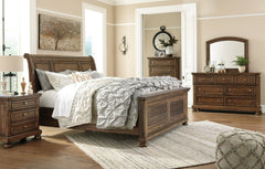 Flynnter Queen Panel Bed with 2 Storage Drawers with Mirrored Dresser, Chest and Nightstand - furniture place usa