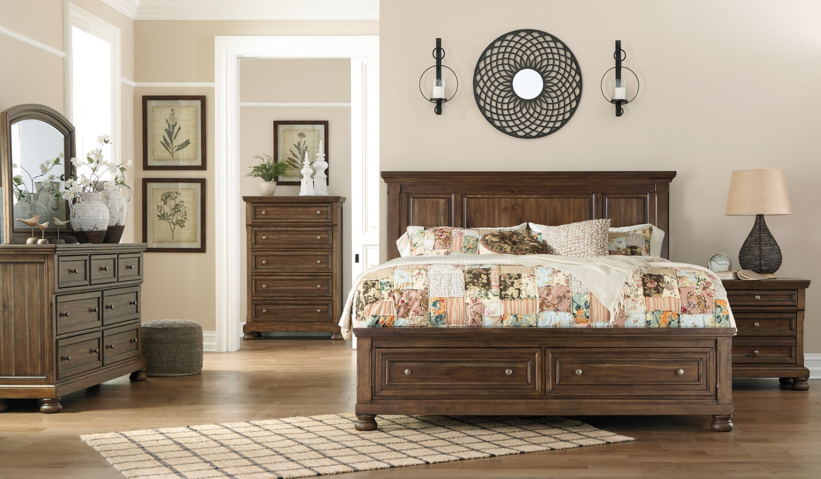 Flynnter California King Panel Bed with 2 Storage Drawers with Mirrored Dresser, Chest and Nightstand - furniture place usa