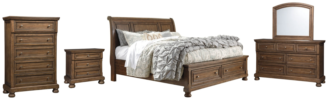 Flynnter Queen Sleigh Bed with 2 Storage Drawers with Mirrored Dresser, Chest and Nightstand - furniture place usa