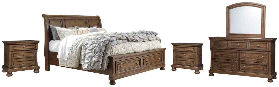 Flynnter Queen Sleigh Bed with 2 Storage Drawers with Mirrored Dresser and 2 Nightstands - furniture place usa