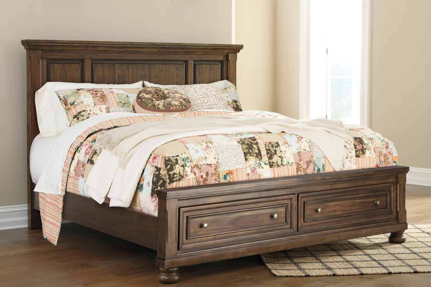 Flynnter Queen Panel Bed with 2 Storage Drawers with Mirrored Dresser, Chest and 2 Nightstands - furniture place usa
