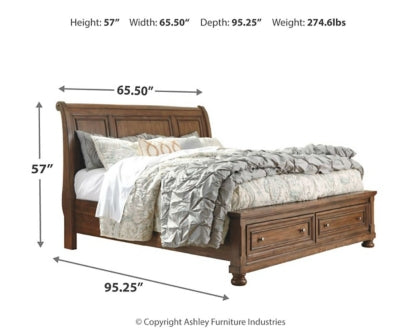 Flynnter Queen Sleigh Bed with 2 Storage Drawers with Mirrored Dresser, Chest and Nightstand