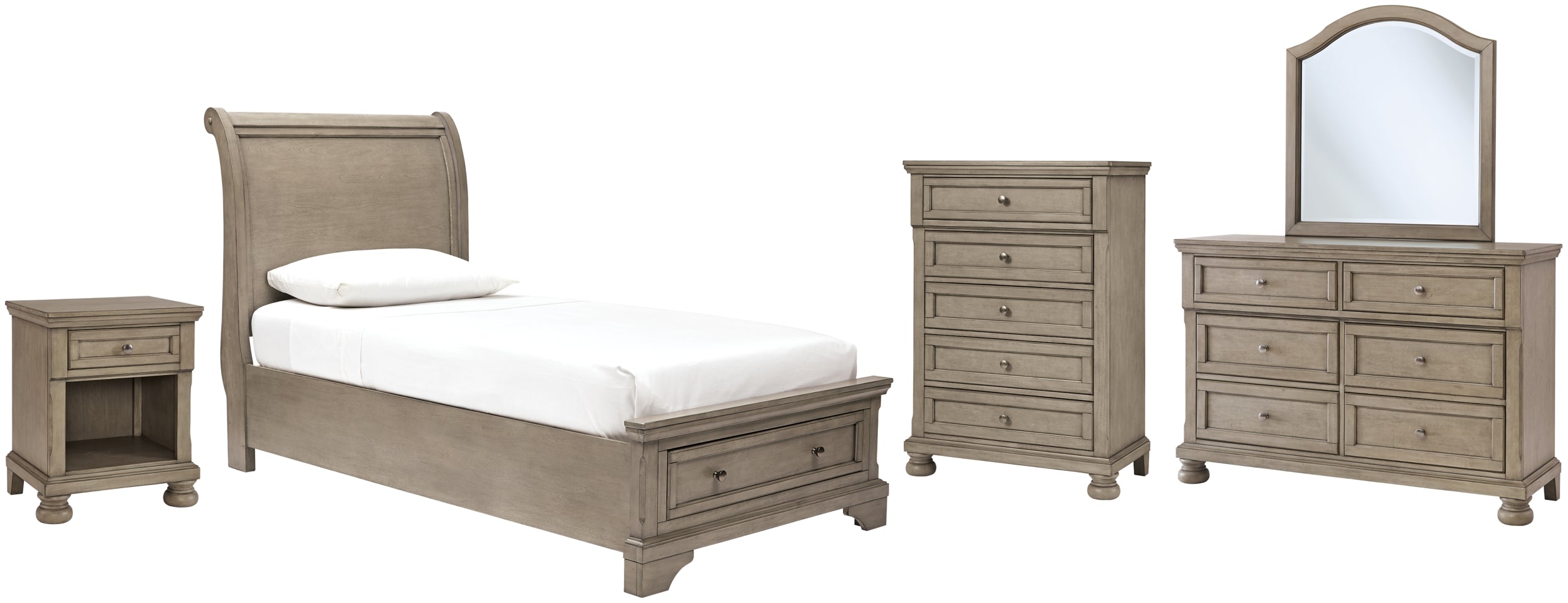 Lettner Twin Sleigh Bed with Mirrored Dresser, Chest and Nightstand - furniture place usa