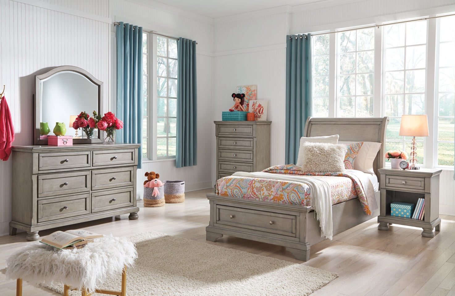 Lettner Twin Sleigh Bed with Mirrored Dresser and 2 Nightstands - furniture place usa