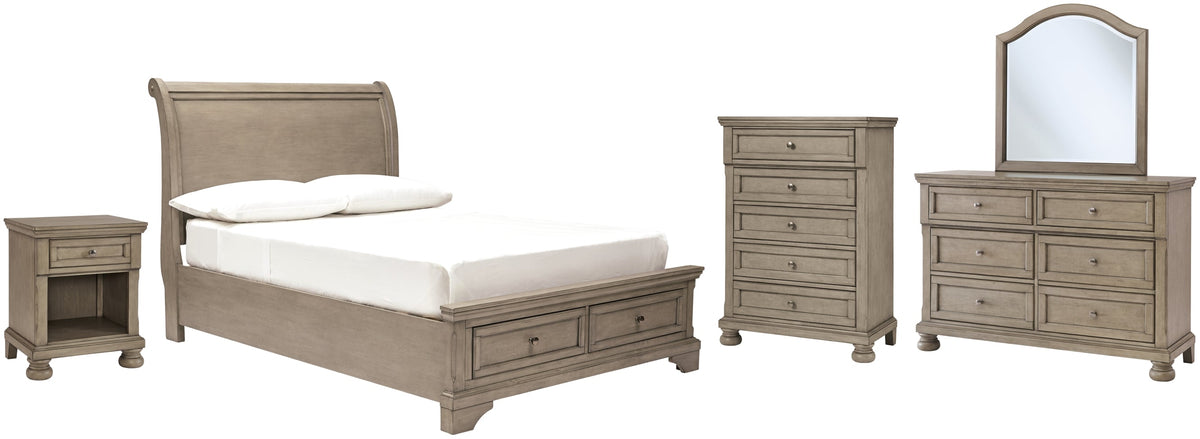 Lettner Full Sleigh Bed with Mirrored Dresser, Chest and Nightstand - furniture place usa
