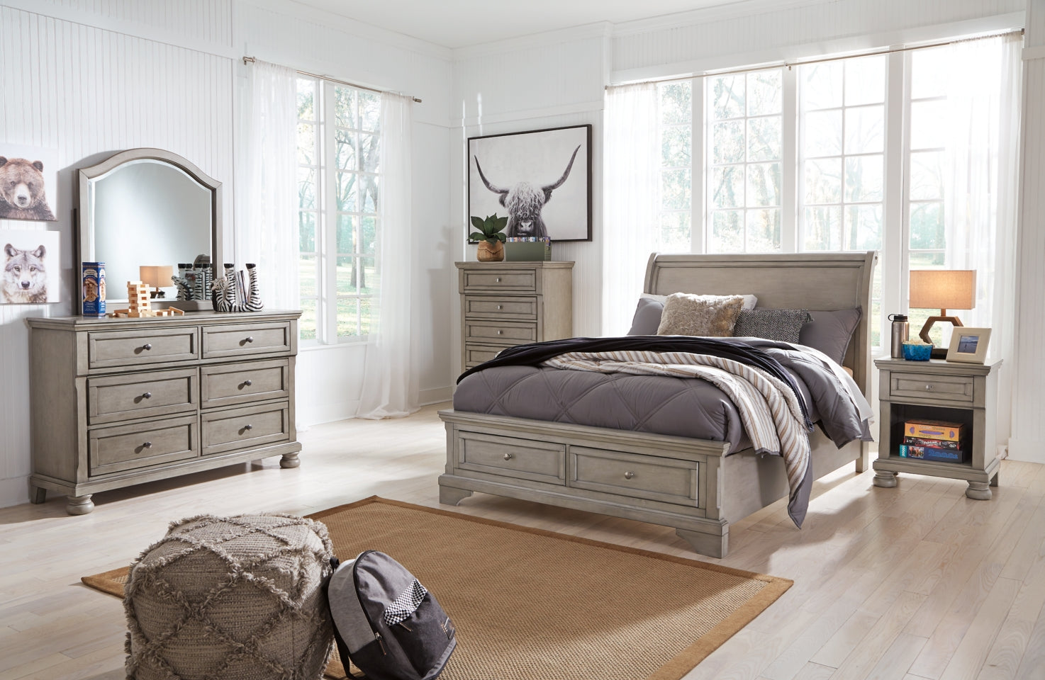 Lettner Full Sleigh Bed with Mirrored Dresser, Chest and 2 Nightstands - furniture place usa