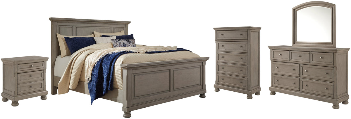 Lettner Queen Panel Bed with Mirrored Dresser, Chest and Nightstand - furniture place usa