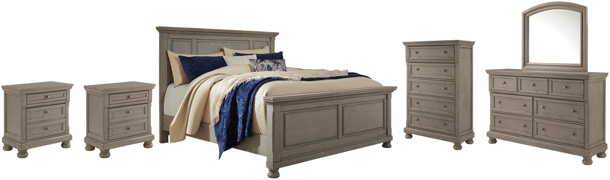 Lettner Queen Panel Bed with Mirrored Dresser, Chest and 2 Nightstands - furniture place usa