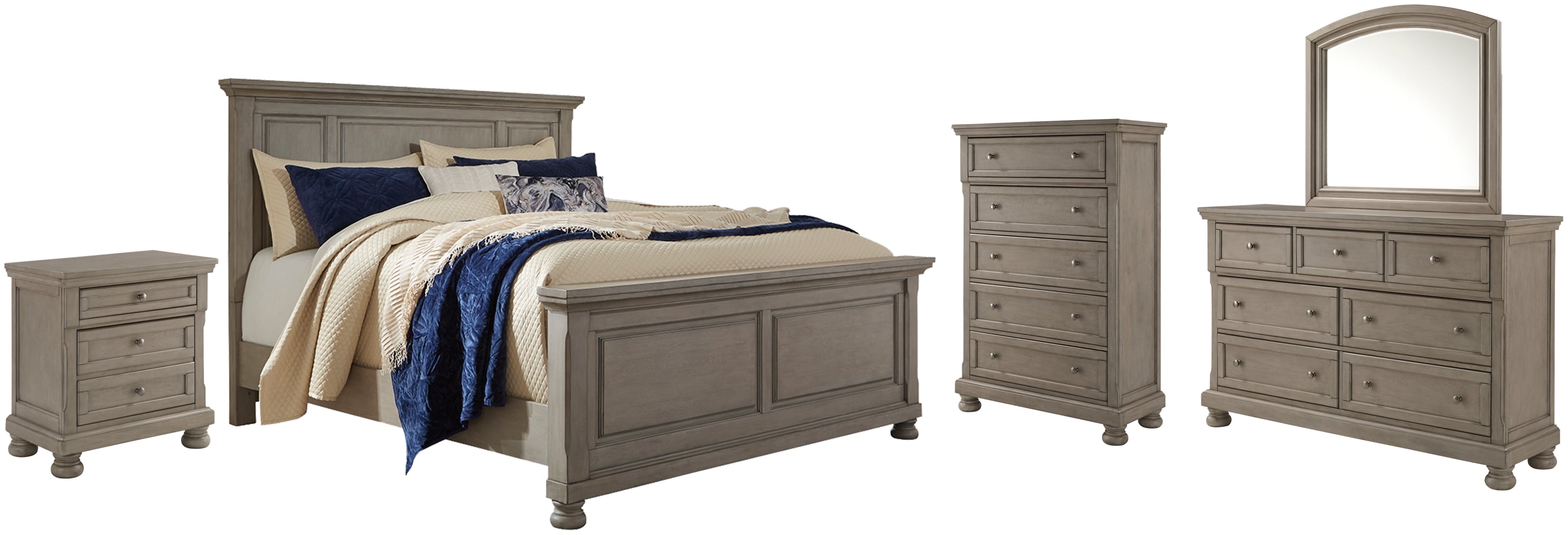 Lettner King Panel Bed with Mirrored Dresser, Chest and Nightstand - furniture place usa