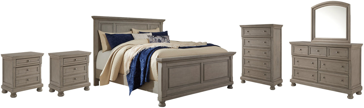 Lettner King Panel Bed with Mirrored Dresser, Chest and 2 Nightstands - furniture place usa