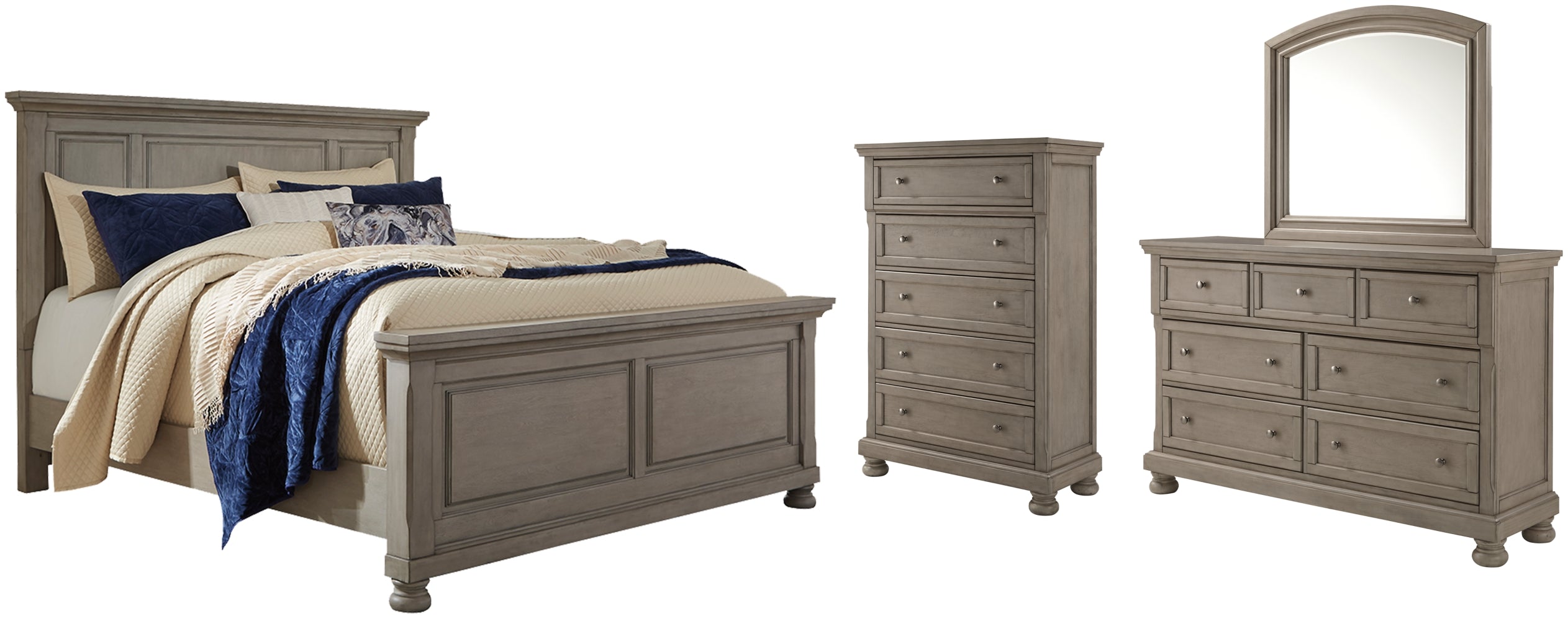 Lettner King Panel Bed with Mirrored Dresser and Chest - furniture place usa