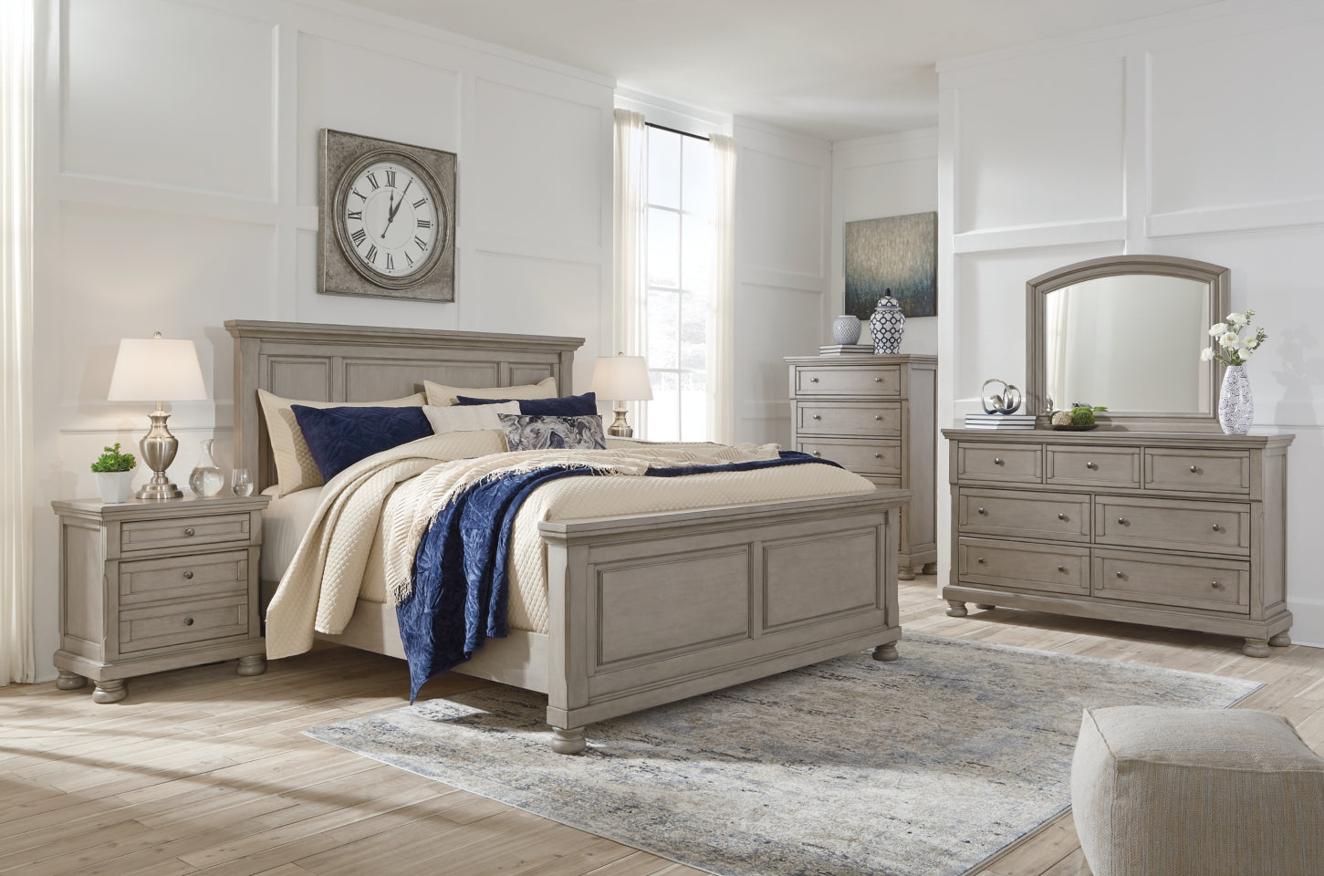 Lettner California King Panel Bed with Mirrored Dresser and 2 Nightstands - furniture place usa
