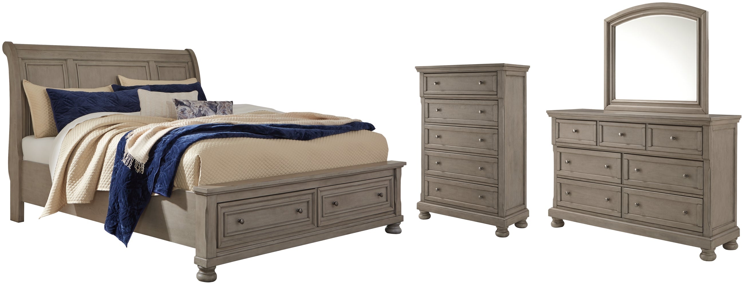 Lettner Queen Sleigh Bed with 2 Storage Drawers with Mirrored Dresser and Chest - furniture place usa