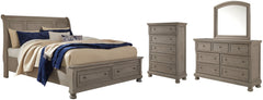 Lettner Queen Sleigh Bed with 2 Storage Drawers with Mirrored Dresser and Chest - furniture place usa