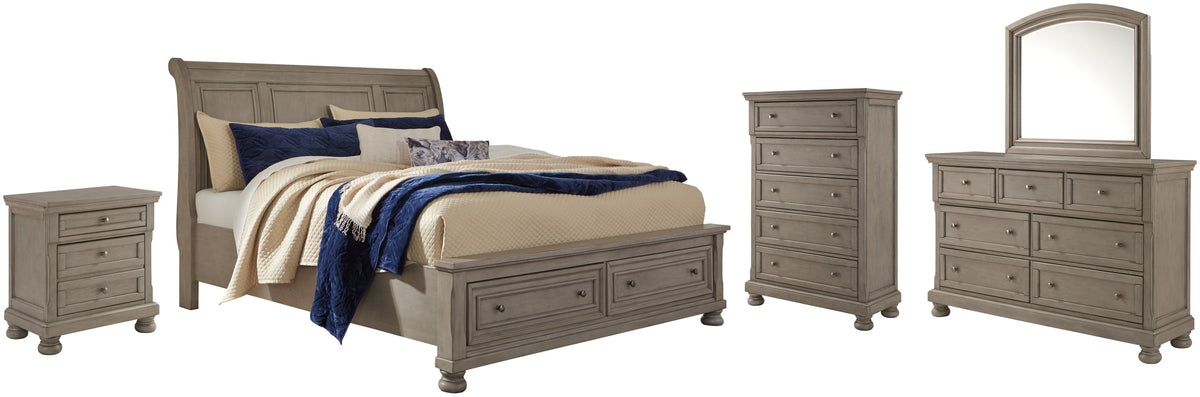 Lettner California King Sleigh Bed with Mirrored Dresser, Chest and Nightstand - furniture place usa