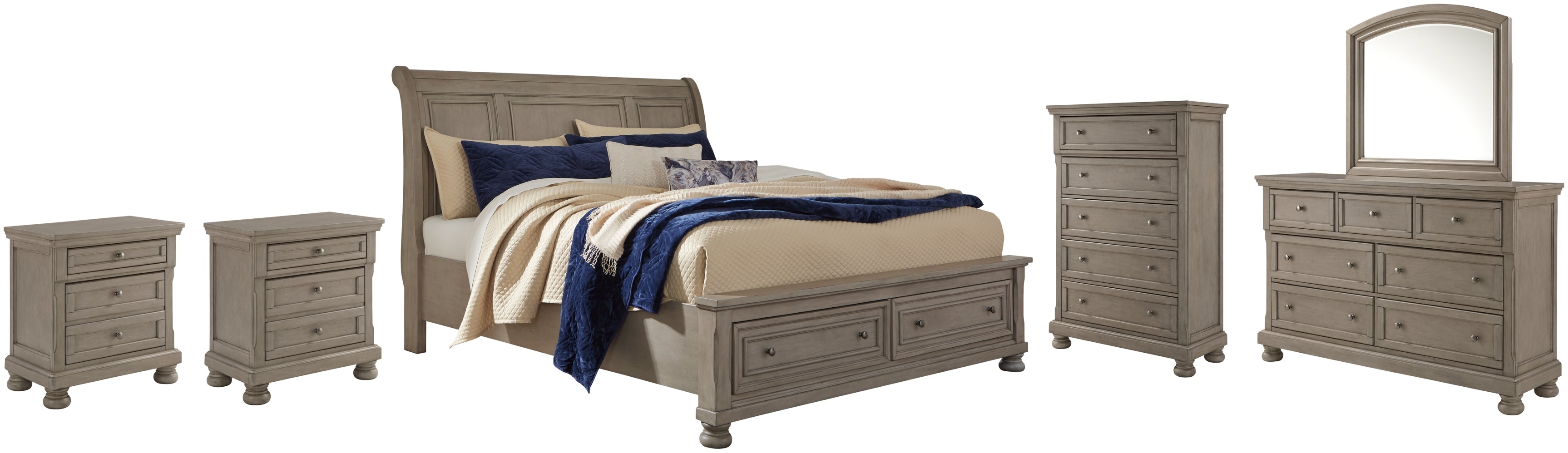 Lettner California King Sleigh Bed with Mirrored Dresser, Chest and 2 Nightstands - furniture place usa
