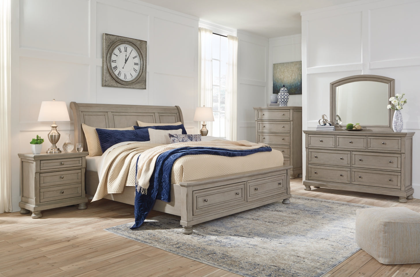 Lettner King Sleigh Bed with 2 Storage Drawers with Mirrored Dresser and Chest - furniture place usa