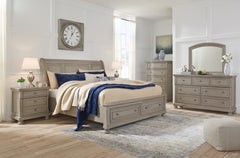 Lettner King Sleigh Bed with 2 Storage Drawers with Mirrored Dresser, Chest and Nightstand - furniture place usa