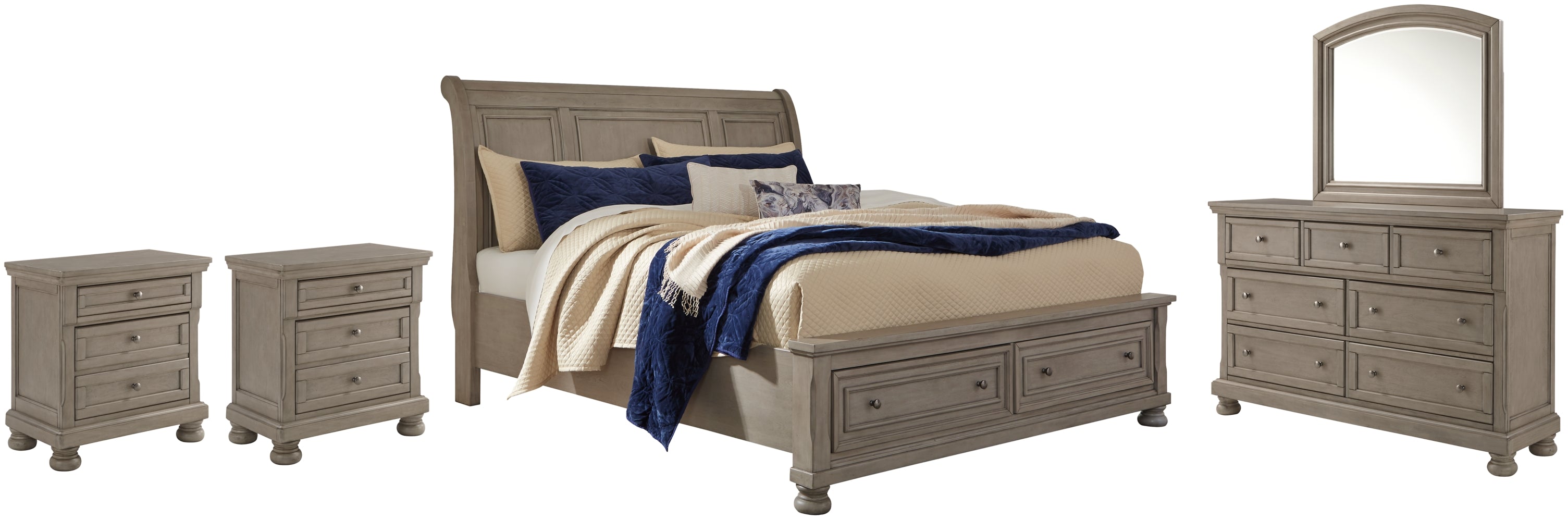 Lettner Queen Sleigh Bed with 2 Storage Drawers with Mirrored Dresser and 2 Nightstands - furniture place usa